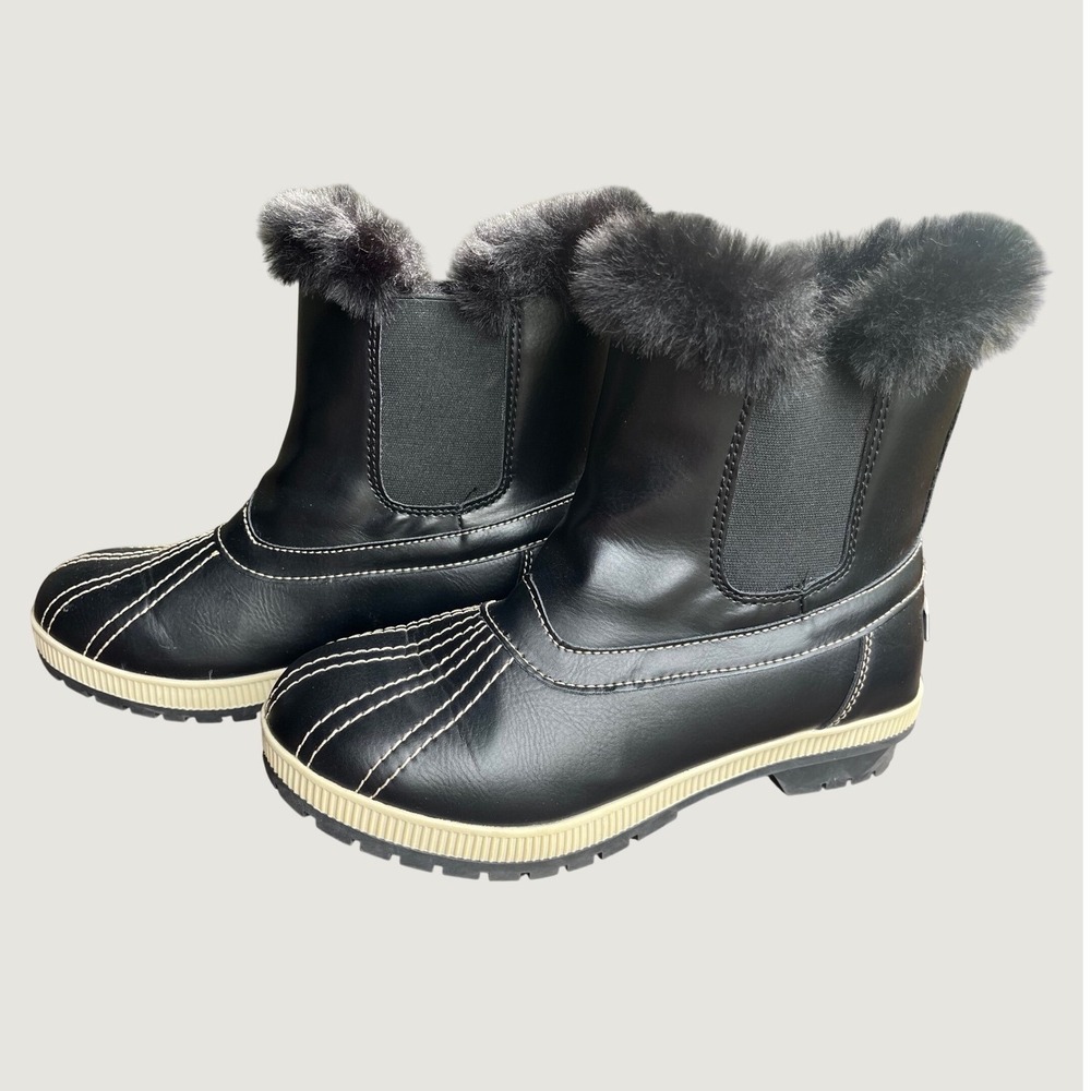 London Fog Mildred Winter Boots Womens Size 9 Black Faux Fur Trim Duck Boots